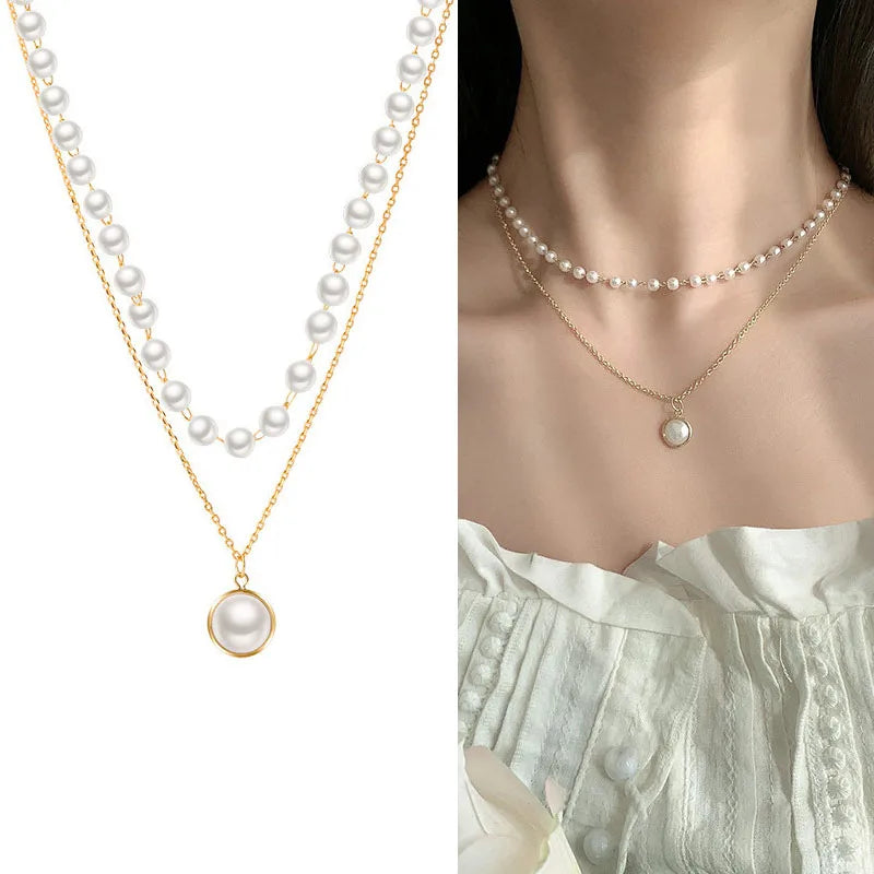 New Korean Pearl Necklaces for Women Gold Color Link Chain Choker Fashion Neck Accessories