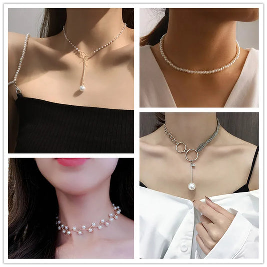 New Korean Pearl Necklaces for Women Gold Color Link Chain Choker Fashion Neck Accessories