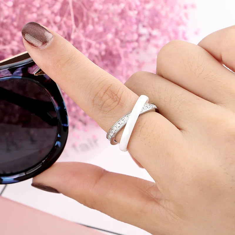 Women Rings Made of Ceramics Stainless steel Rings Double Two Cross Rings Crystal