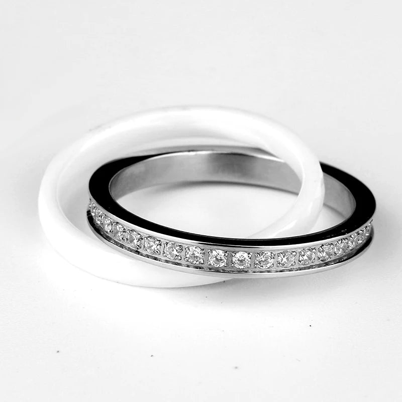 Women Rings Made of Ceramics Stainless steel Rings Double Two Cross Rings Crystal