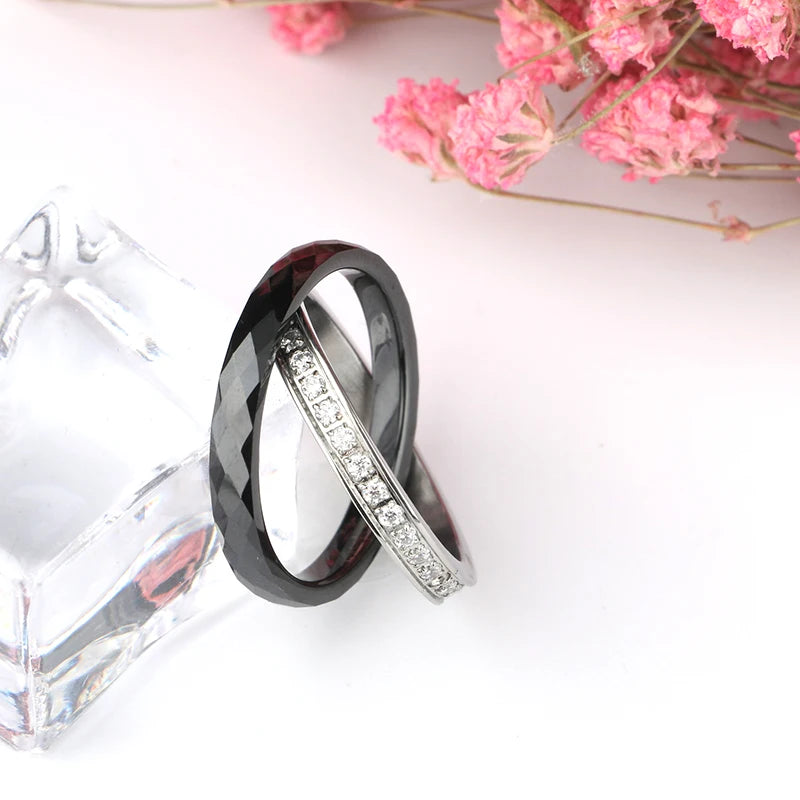 Women Rings Made of Ceramics Stainless steel Rings Double Two Cross Rings Crystal
