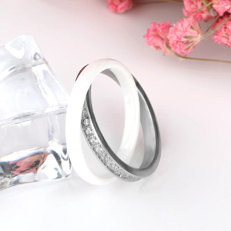 Women Rings Made of Ceramics Stainless steel Rings Double Two Cross Rings Crystal