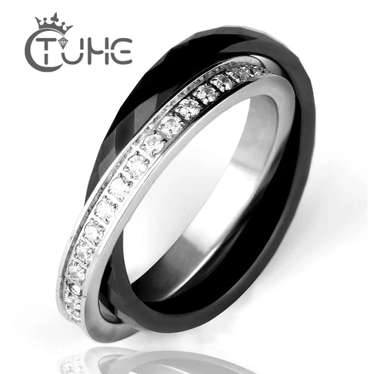 Women Rings Made of Ceramics Stainless steel Rings Double Two Cross Rings Crystal