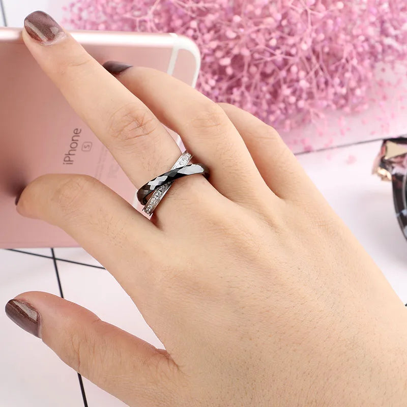 Women Rings Made of Ceramics Stainless steel Rings Double Two Cross Rings Crystal
