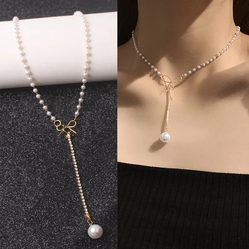New Korean Pearl Necklaces for Women Gold Color Link Chain Choker Fashion Neck Accessories