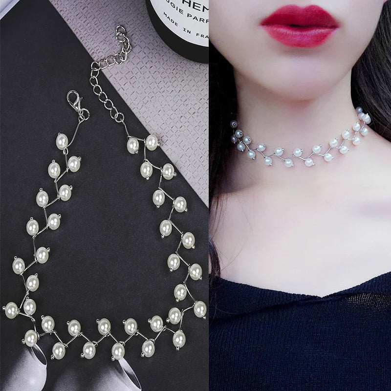 New Korean Pearl Necklaces for Women Gold Color Link Chain Choker Fashion Neck Accessories