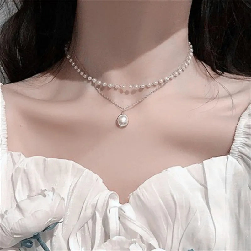 New Korean Pearl Necklaces for Women Gold Color Link Chain Choker Fashion Neck Accessories