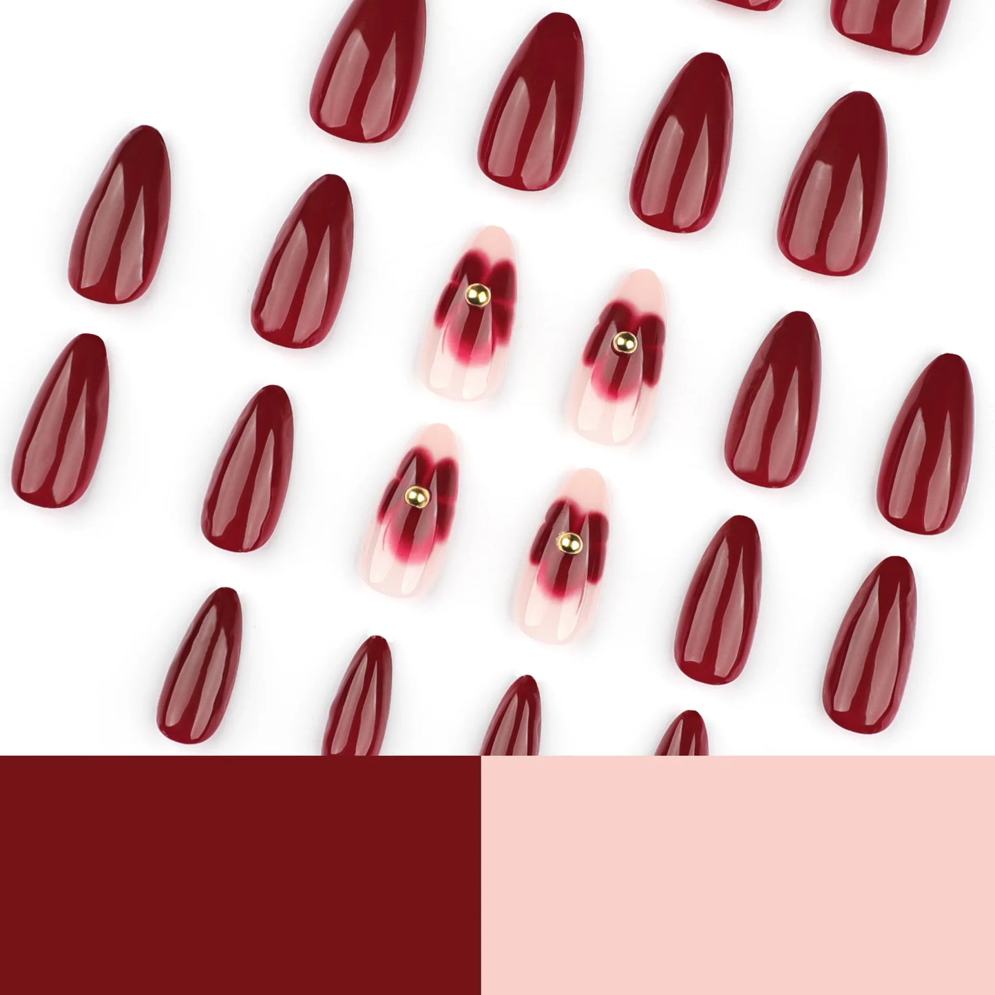 24pcs Red Flower Press on Nails Fashion Retro Red Almond False Nails Ins Simple Wearable Reusable Fake Nails for Women