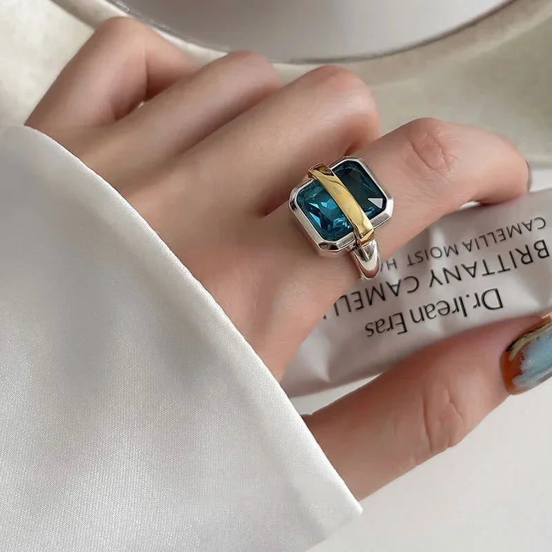 Vintage Blue Zircons Engagement Rings for Women Large Square Adjustable Rings Couples