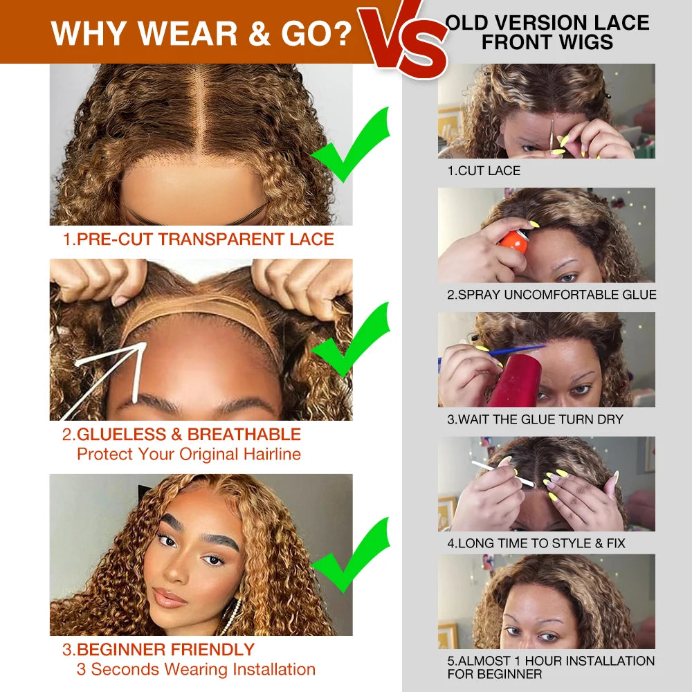 30 Inch Wear and Go Deep Wave Honey Blonde Glueless Wigs 100% Human Hair Highlight Curly Wigs for Women Ombre HD Lace Front Wig
