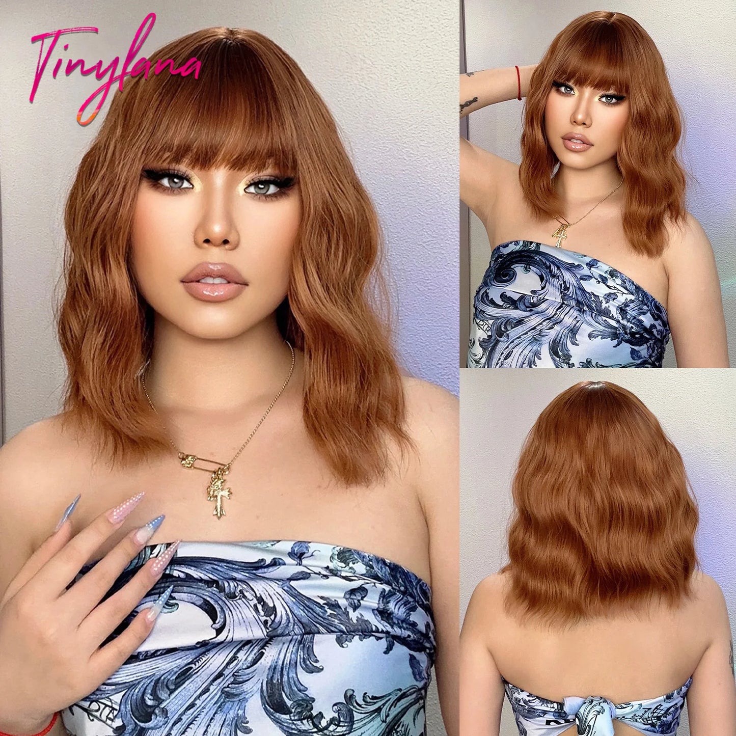 Curly Pink Purple Mixed Blue Wavy Synthetic Wigs with Bangs Short Bob Colorful Cosplay Wig