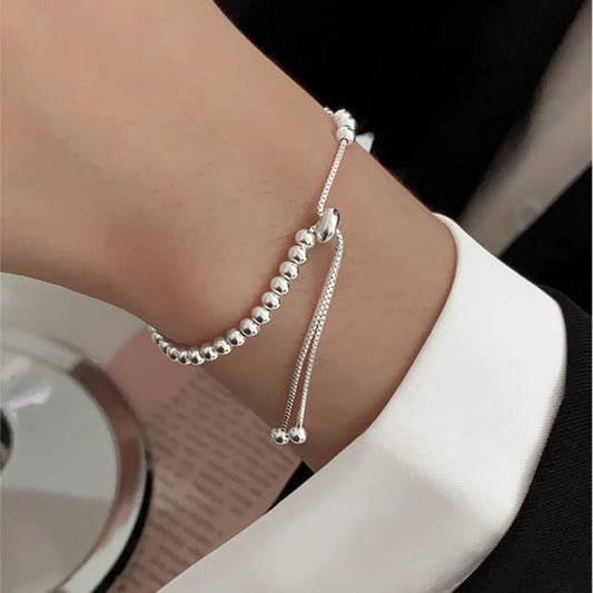100% Solid 925 Sterling Silver Metal Bracelets for Women Men Beads Adjuatable Handmade