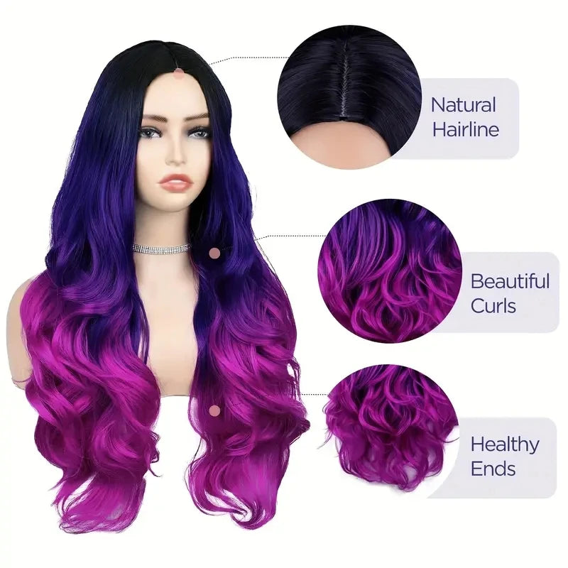 Long Purple Wavy Wigs Ombre Purple Body Wave Mermaid Hair Wig F