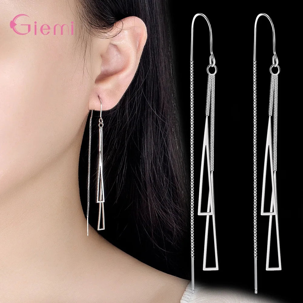 925 Sterling Silver Earrings Fashion Jewelry Simple Geometric Tassel Long Box Chain