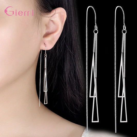 925 Sterling Silver Earrings Fashion Jewelry Simple Geometric Tassel Long Box Chain