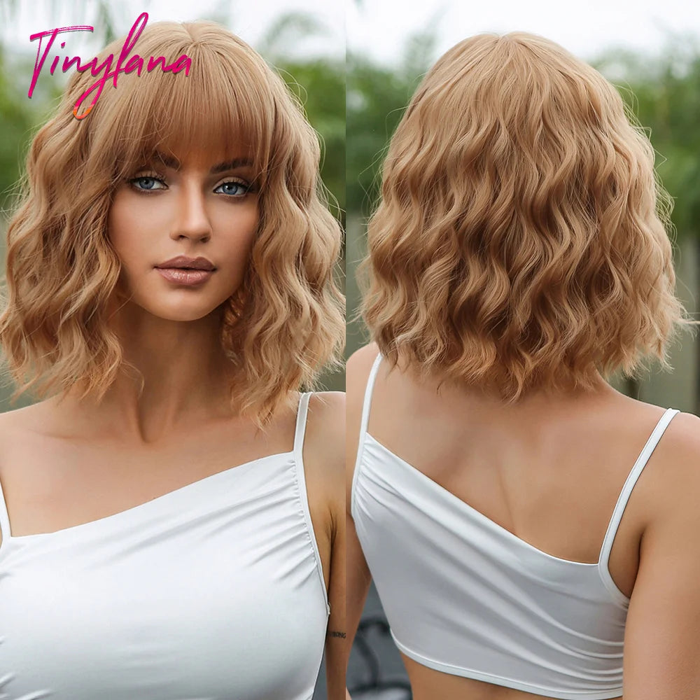 Curly Pink Purple Mixed Blue Wavy Synthetic Wigs with Bangs Short Bob Colorful Cosplay Wig