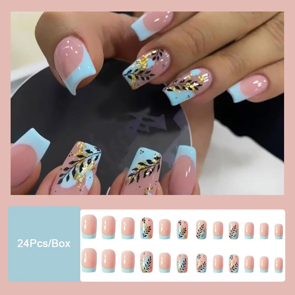Fashion Leaves Square Head False Nails Set Press On Nails Nude Pink Manicure French Blue