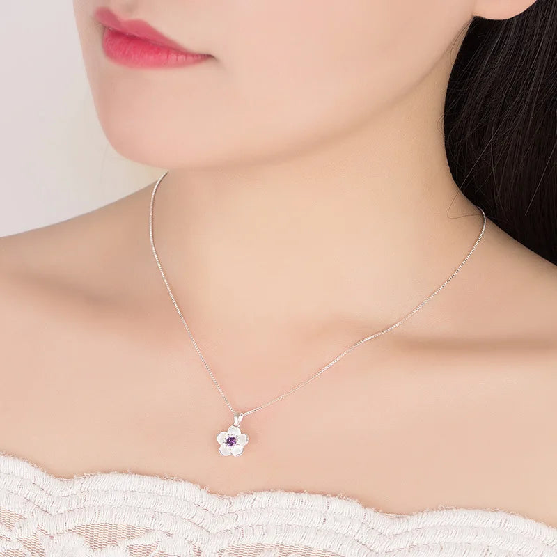 925 Sterling Silver Pink Purple Peach Blossom Necklaces For Women Retro Luxury Jewelry