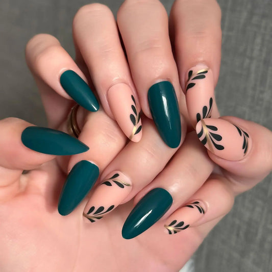 24pcs/box Women Long Almond Shaped False Nails Green Leaves Diy Fake Nail Artificial
