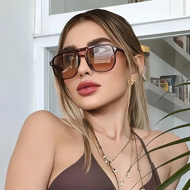 Vintage Square Sunglasses for Women Men Thick Frame Double Bridges Eyewear Female