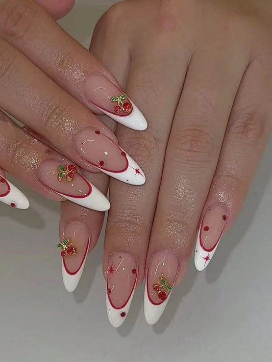 10 pieces of pure handmade almond-shaped nails, with white French tips and red cherry decorations.