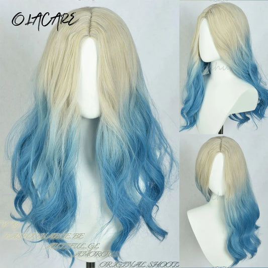 Long Curly Wave Wig with Bangs Blonde Biue Colorful Cosplay Wig for Women