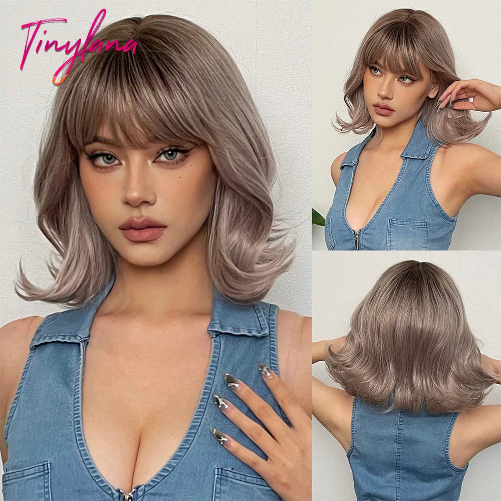 Curly Pink Purple Mixed Blue Wavy Synthetic Wigs with Bangs Short Bob Colorful Cosplay Wig