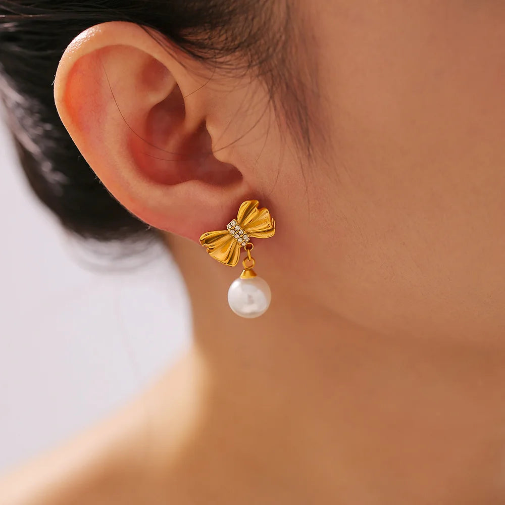 Cute Earrings For Women Bow Pearl Rhinestones Luxury Stainless Steel Vintage