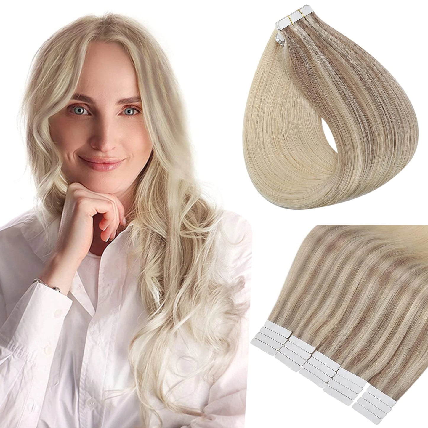 Full Shine Tape in Human Hair Extensions 100% Remy Natural Human Hair Extensions Tape in Omber Blonde Hair Extensions for Women