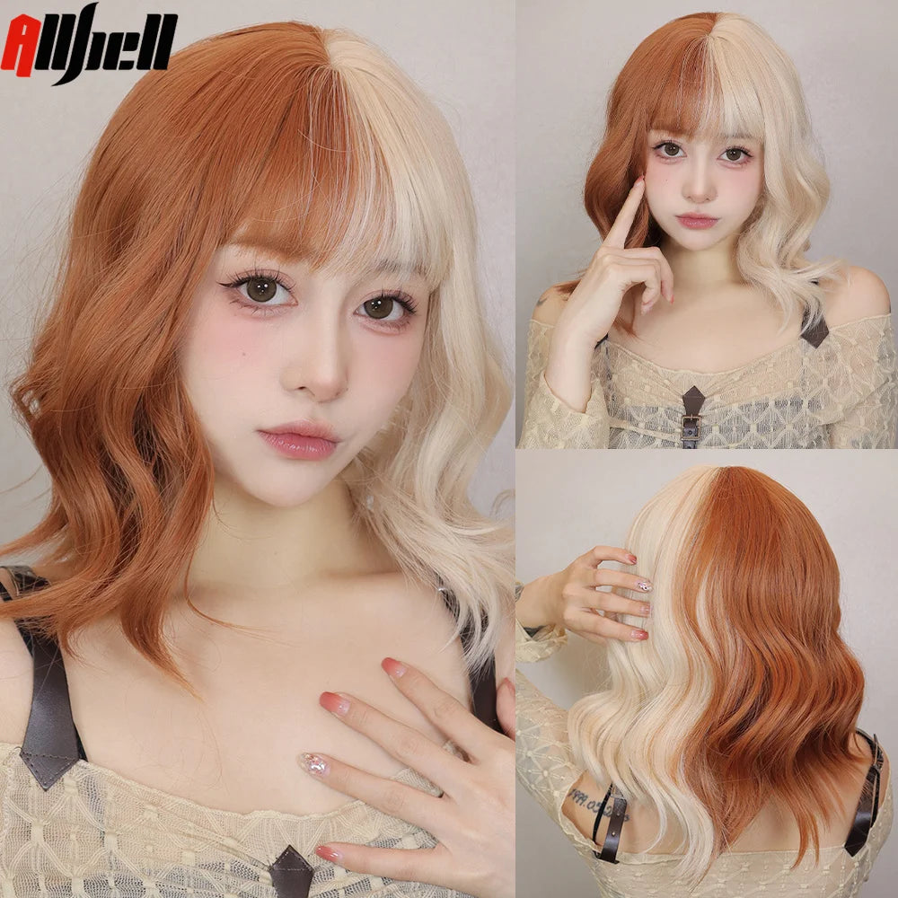 Short Curly Wavy Wigs with Bangs Deep Red Colorful Synthetic Wig Cosplay Hair for Women