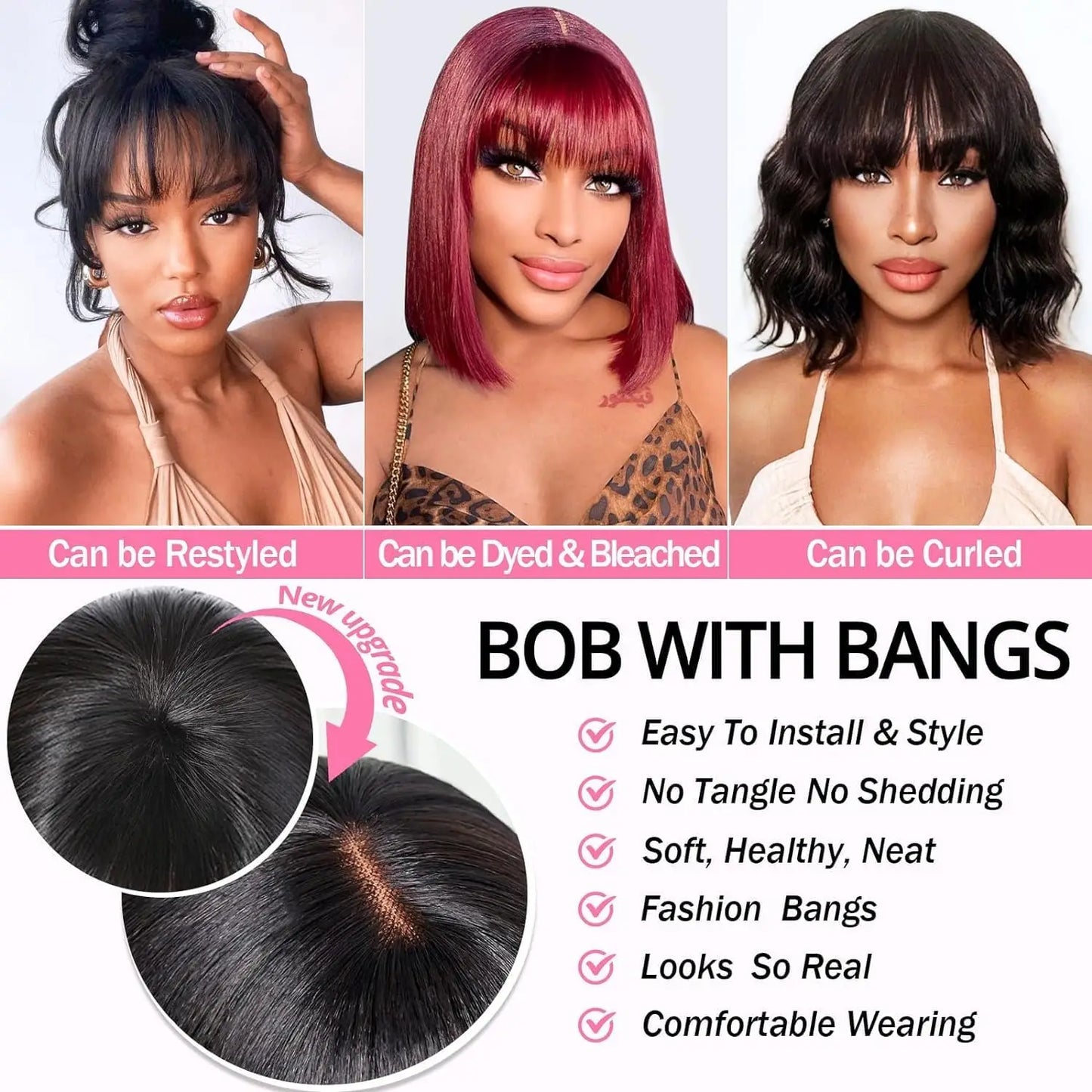 Human Hair Wig with Bang Wear and Go Glueless Wig Straight Short Bob Wig with Bangs