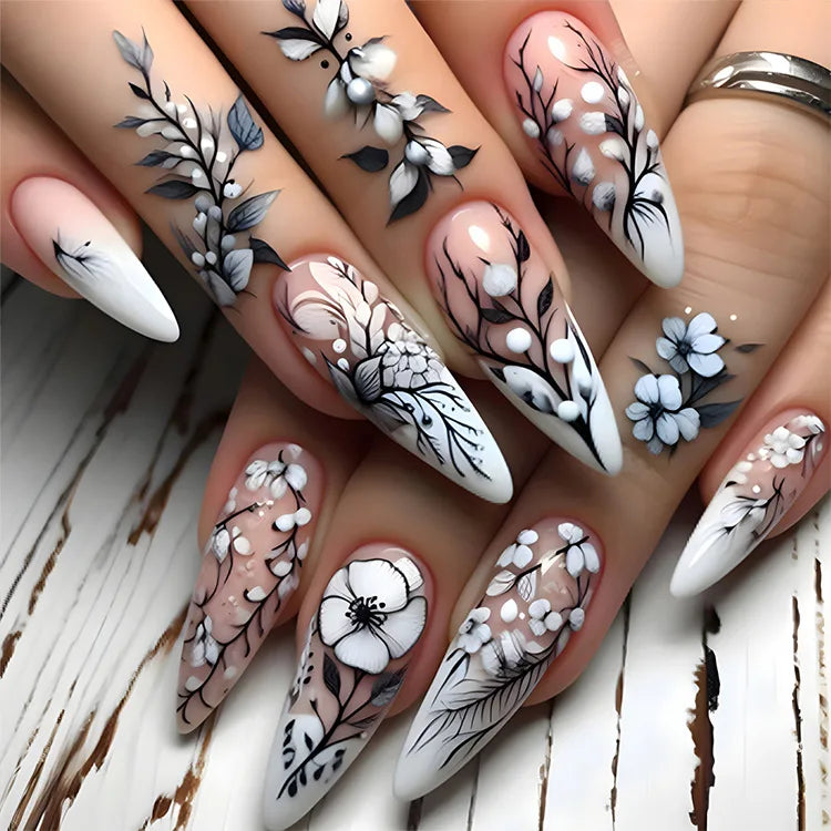 24pcs/set Medium long fake nails for women Spring summer flowers butterfly bee design faux ongles tips