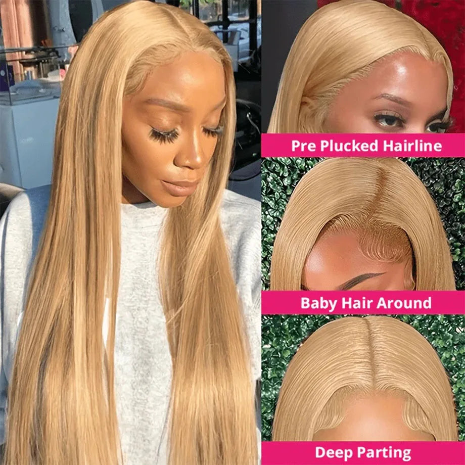 Honey Blonde Wig Human Hair 13x6 #27 Straight Lace Front Human Hair Wigs Brazilian Colored 13x4 Hd Transparent Lace Frontal Wig