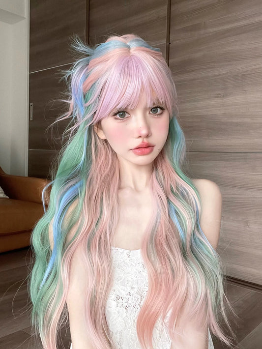 28Inch Iridescent Rainbow Color Multicolour Synthetic Wigs with Bang Long Natural Wavy Hair Wig