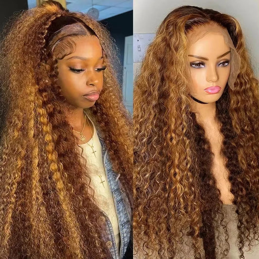 Highlight Wig Human Hair Ombre Deep Wave Frontal Wig 30 Inch Curly Human Hair Wig