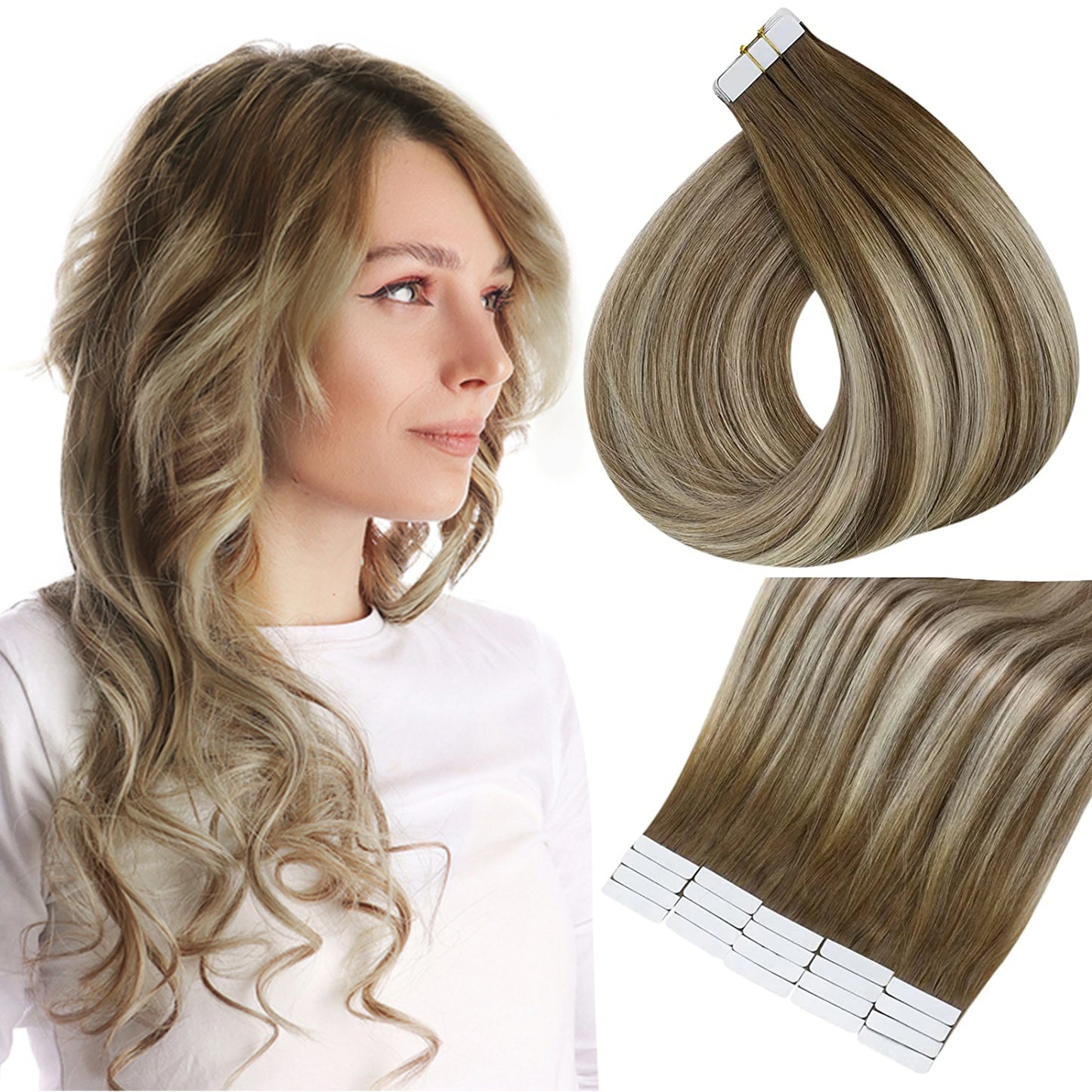 Full Shine Tape in Human Hair Extensions 100% Remy Natural Human Hair Extensions Tape in Omber Blonde Hair Extensions for Women