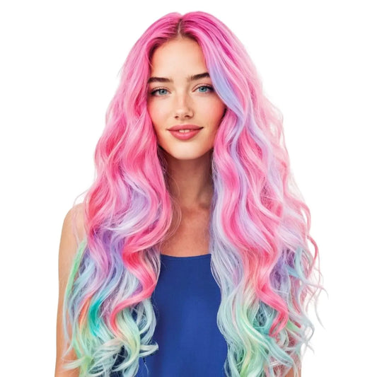 Colorful Lolita gradient highlights long curly hair synthetic middle part wig four color anime wigs