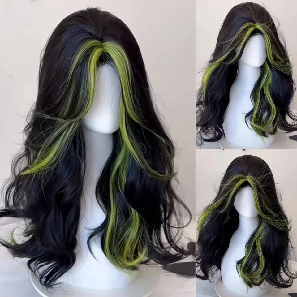 Long Curly Wave Wig with Bangs Blonde Biue Colorful Cosplay Wig for Women