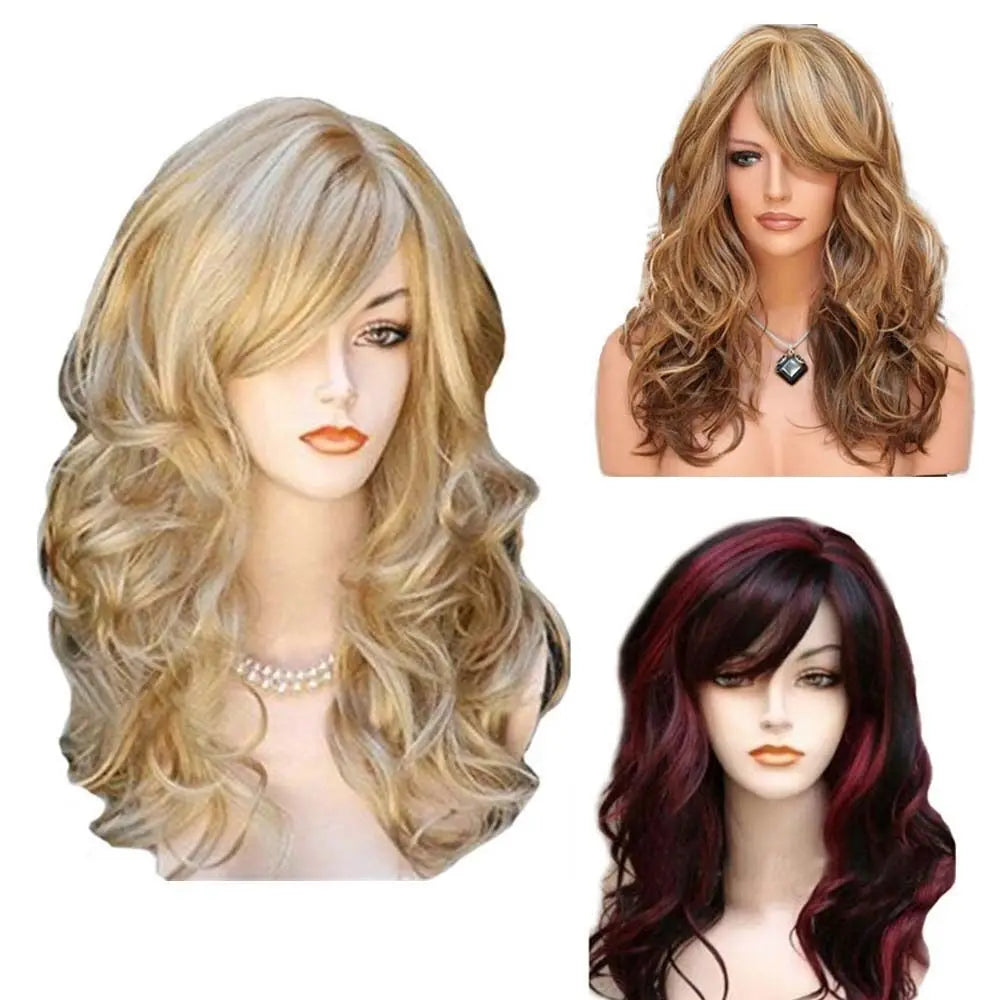 Ladies Blonde Long Curly Wigs Women Natural Wavy Synthetic Hair Cosplay Full Wig
