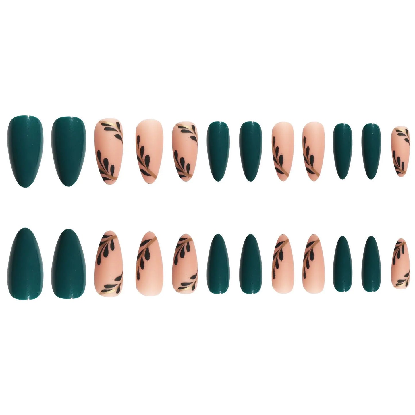 24pcs/box Women Long Almond Shaped False Nails Green Leaves Diy Fake Nail Artificial