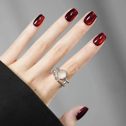 30Pcs Press on Nails,Red Short Round,Square Head,Long Pointed Head,New Year's Deep Red Removable Nail