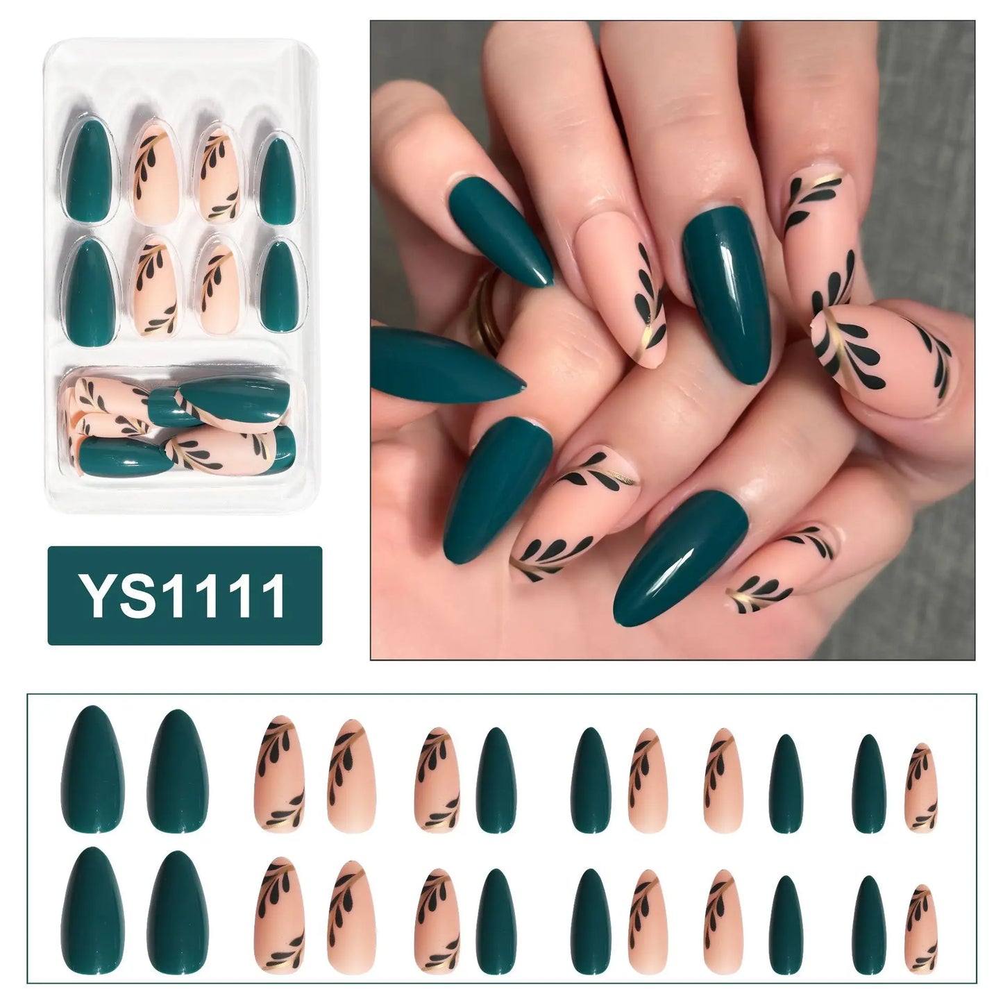 24pcs/box Women Long Almond Shaped False Nails Green Leaves Diy Fake Nail Artificial