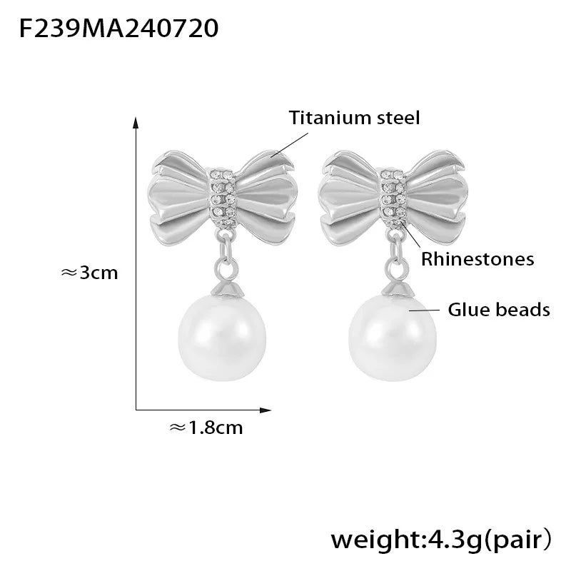 Cute Earrings For Women Bow Pearl Rhinestones Luxury Stainless Steel Vintage