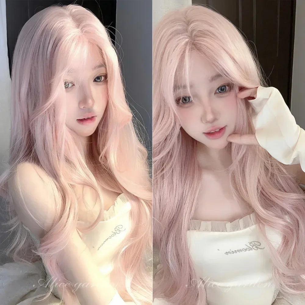 Pink Wig for Women Long Wavy Cosplay Wigs Natural Soft Sweet Synthetic Wig for Daily Use