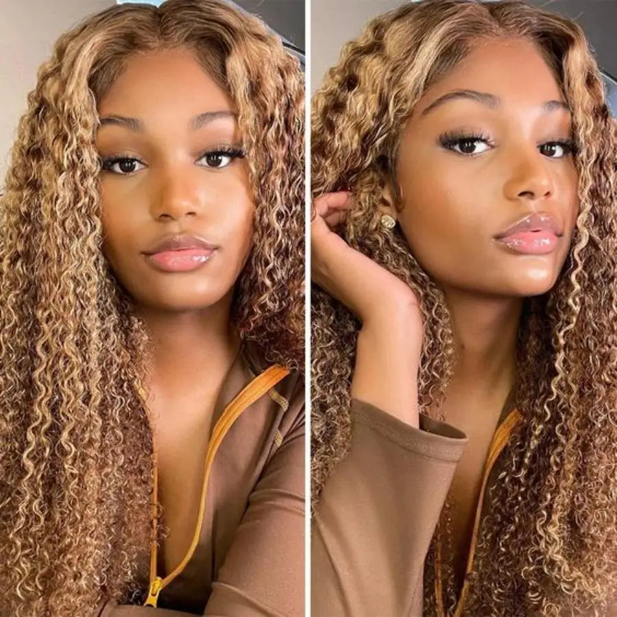 30 Inch Wear and Go Deep Wave Honey Blonde Glueless Wigs 100% Human Hair Highlight Curly Wigs for Women Ombre HD Lace Front Wig