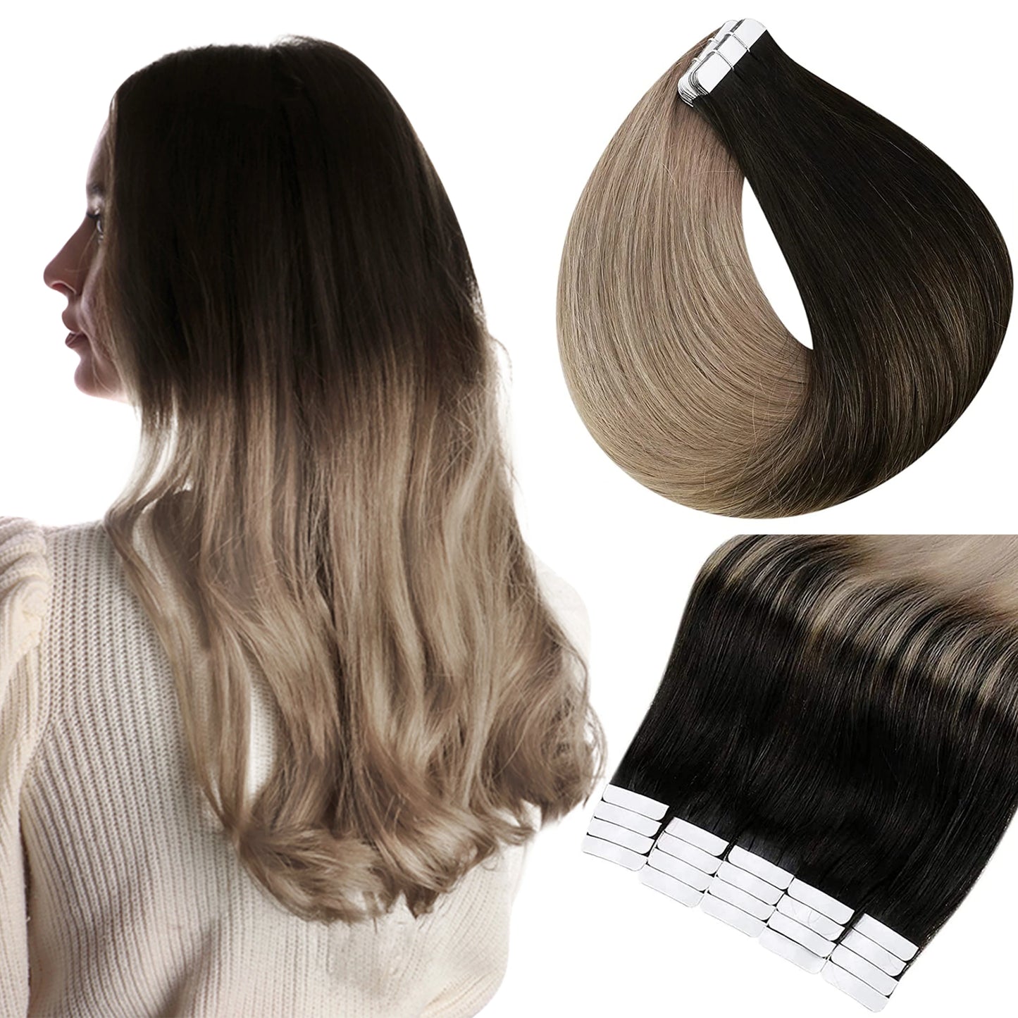 Full Shine Tape in Human Hair Extensions 100% Remy Natural Human Hair Extensions Tape in Omber Blonde Hair Extensions for Women