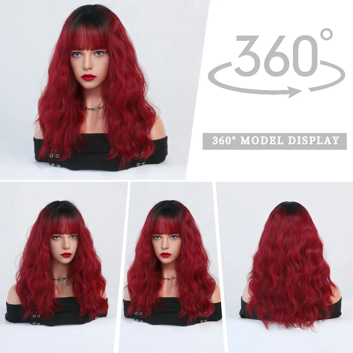 7JHH WIGS Dark Red Wigs for Women Burgundy Wavy Wig with Bangs Colorful Synthetic Ombre Red Wig