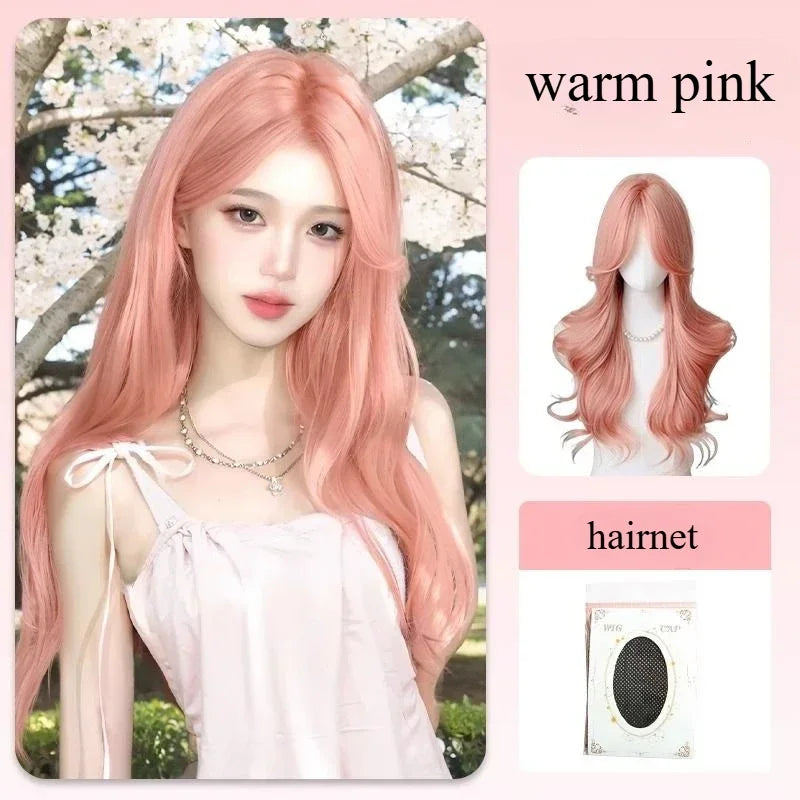 Pink Wig for Women Long Wavy Cosplay Wigs Natural Soft Sweet Synthetic Wig for Daily Use