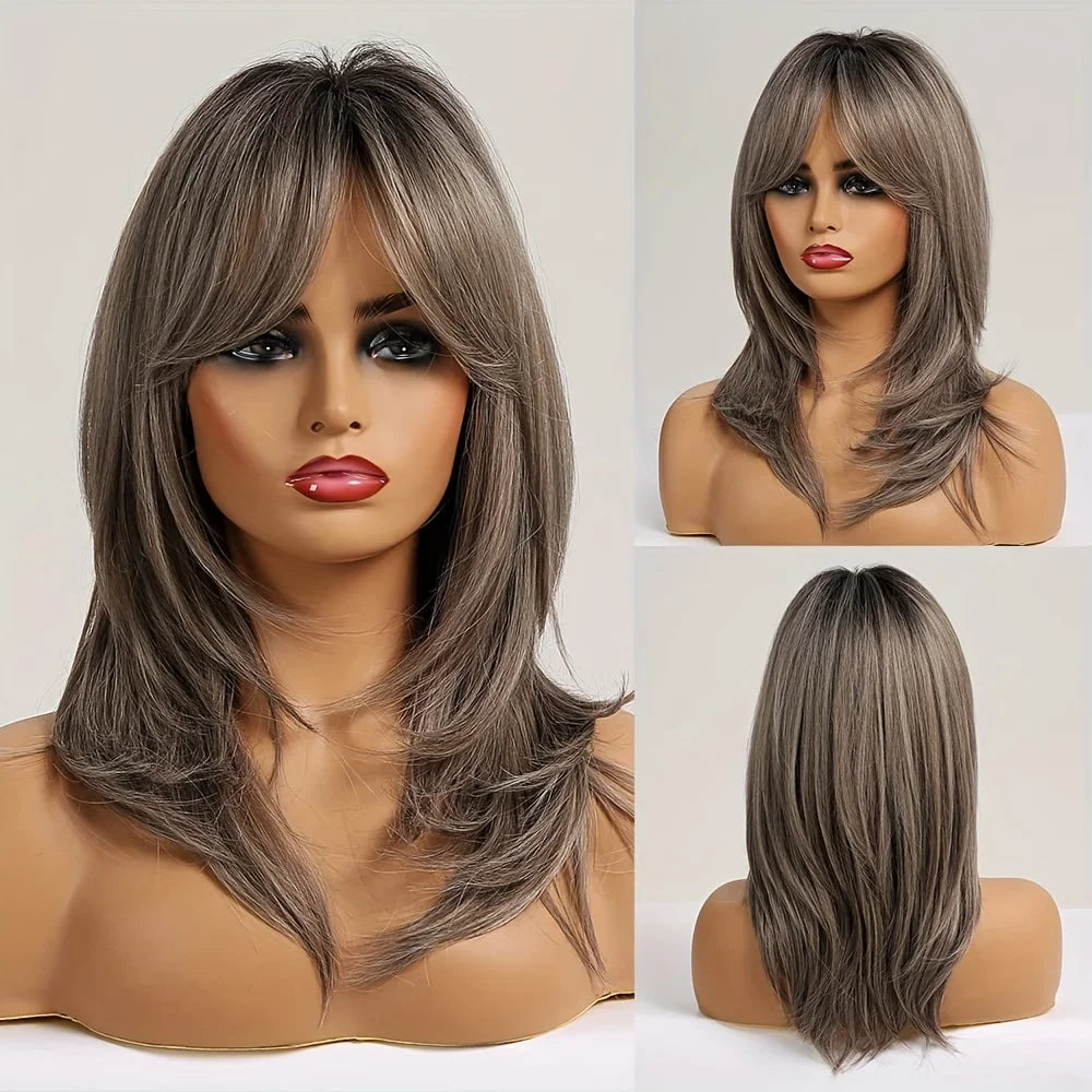 Ombre Color Blonde Wig with Bangs Long Straight  Wigs for Women Synthetic Wig Dark Roots