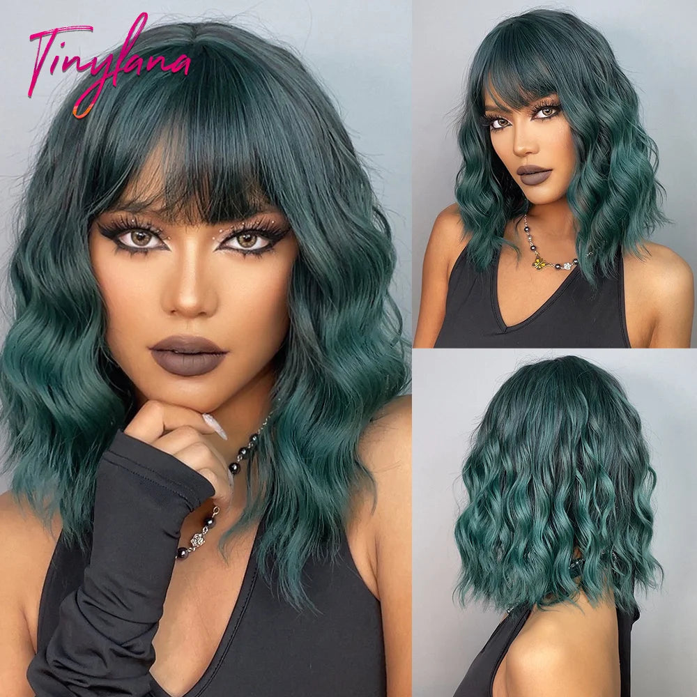 Curly Pink Purple Mixed Blue Wavy Synthetic Wigs with Bangs Short Bob Colorful Cosplay Wig